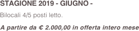 STAGIONE 2019 - GIUGNO -
Bilocali 4/5 posti letto.
A partire da € 2.000,00 in offerta intero mese